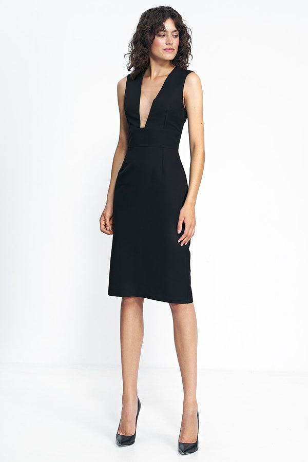 Deep Neckline Black Midi Dress