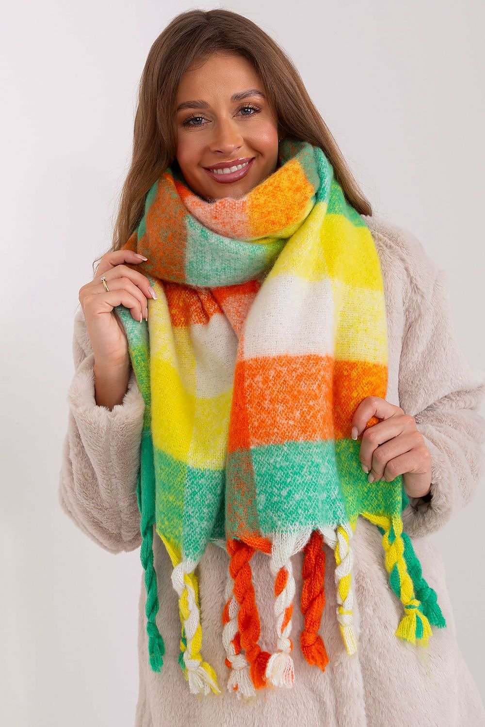 Vibrant Plaid Tassel Scarf