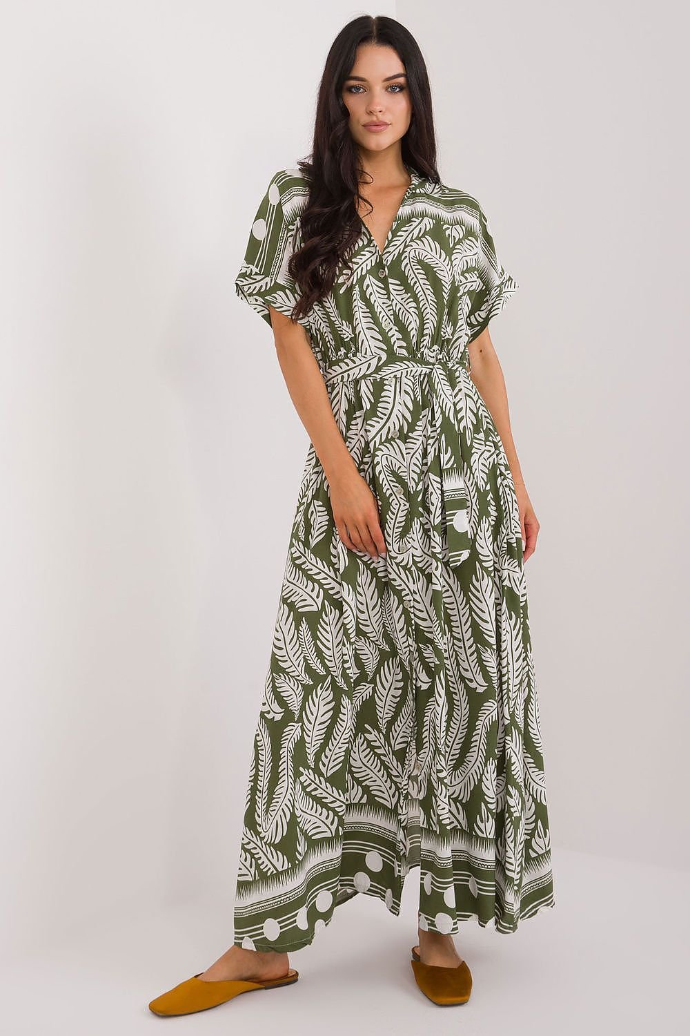 Flared Leaf Print Maxi Dress