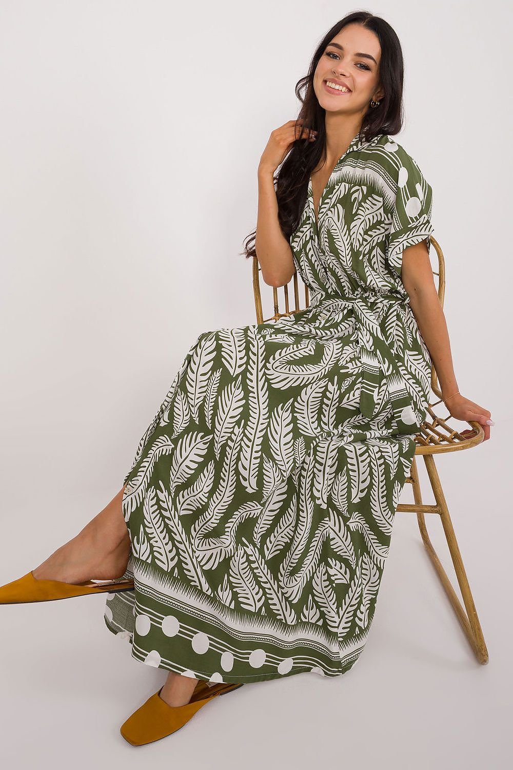 Leaf Print Maxi Shirt Dress