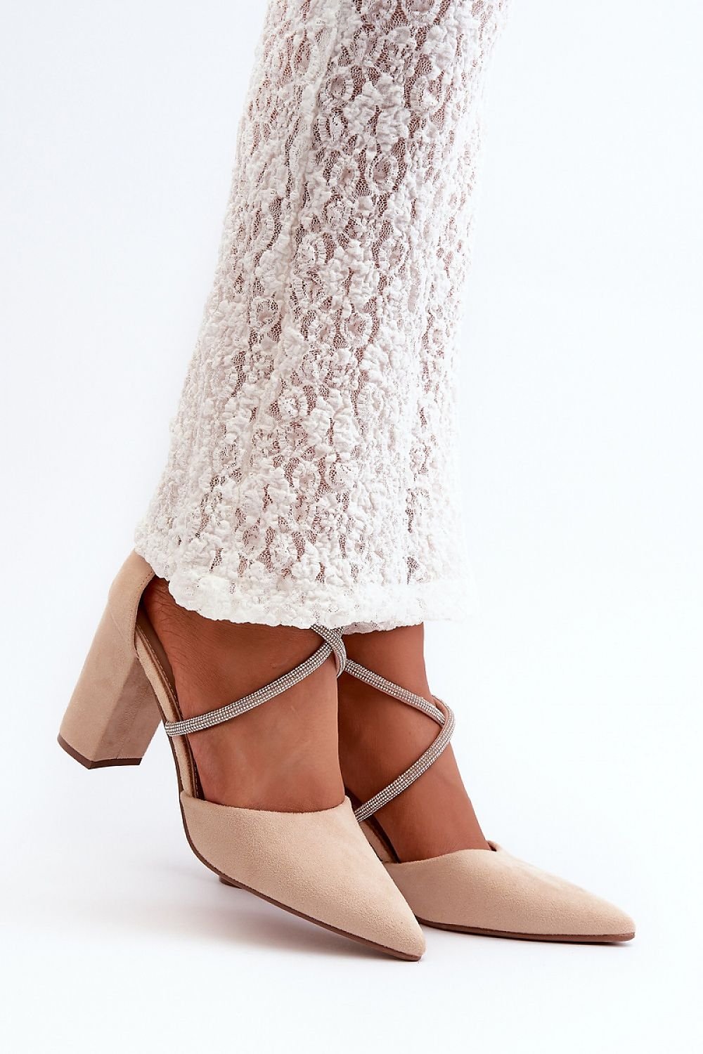 Zircon-Embellished Eco-Suede Pumps