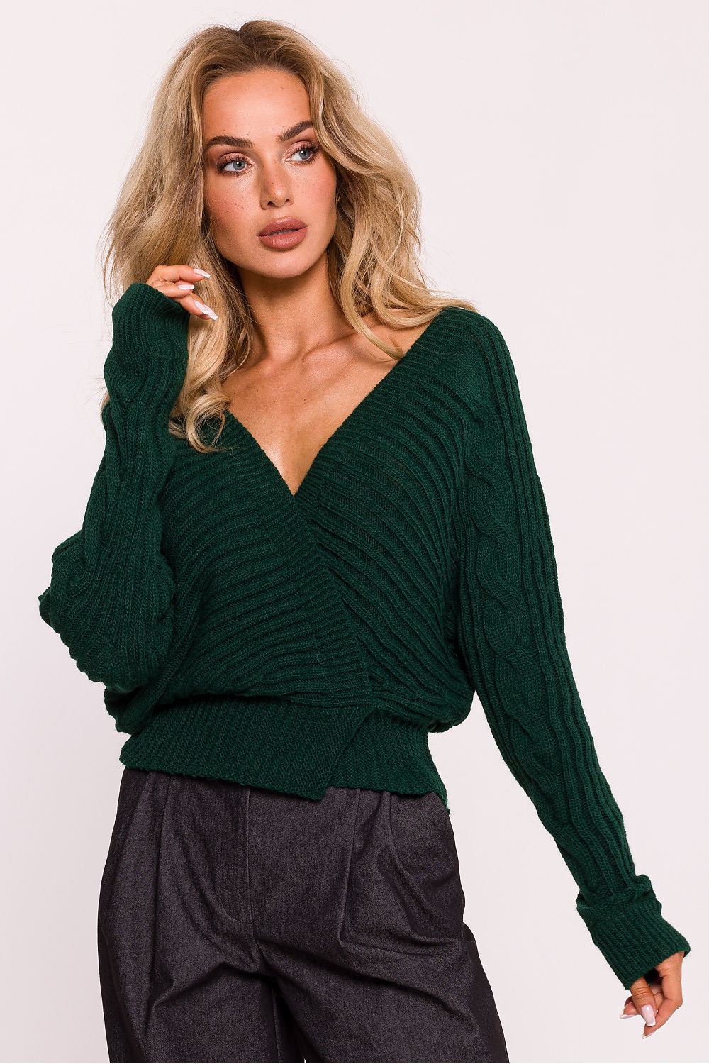 Ribbed Yarn Jumper with Wrap-Over Design - Michelle & Kenza Co.