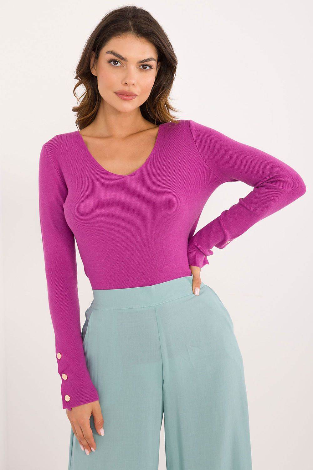 Viscose Blend Jumper with Decorative Button Cuffs - Michelle & Kenza Co.