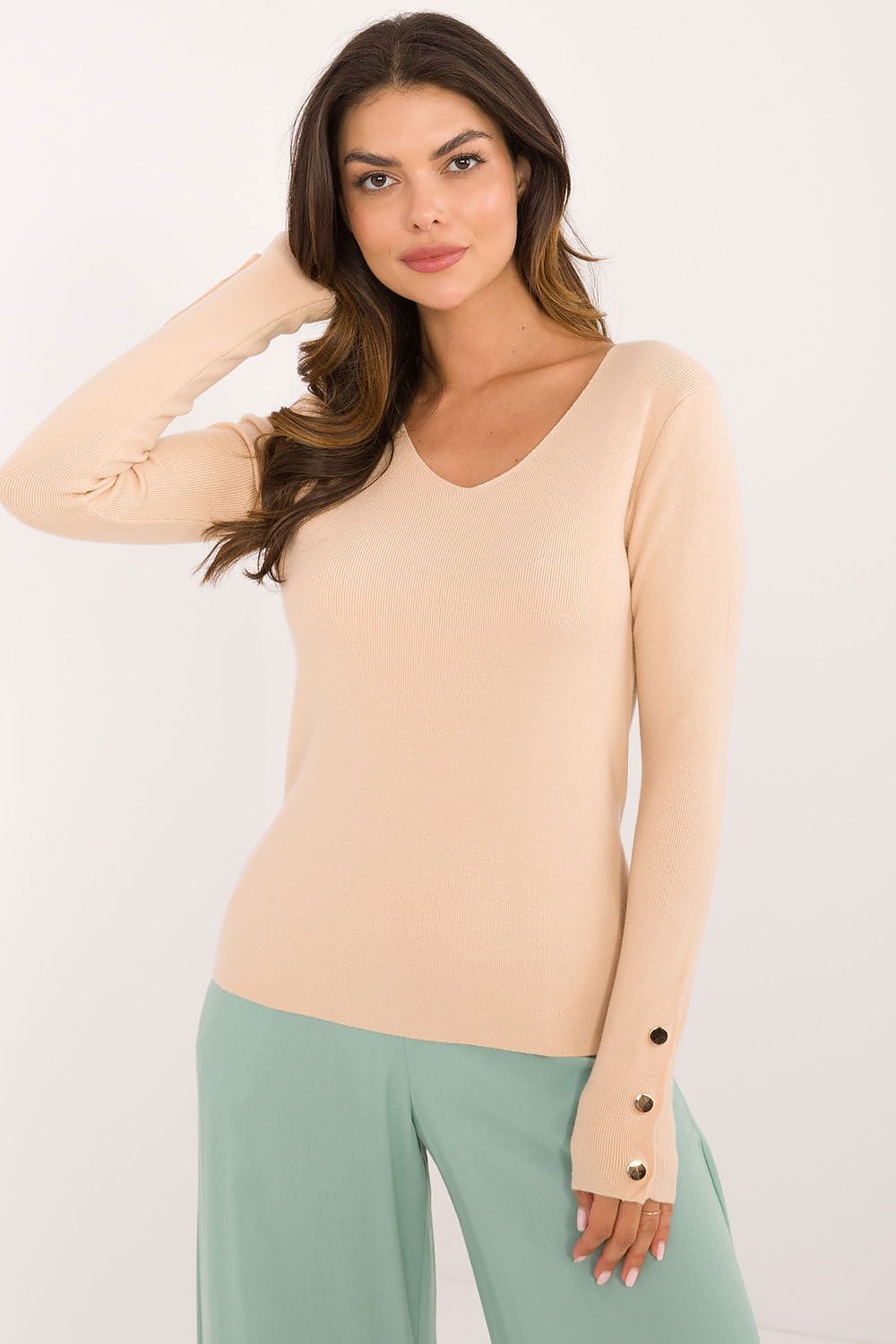 Elegant V-Neck Sweater with Button Cuffs