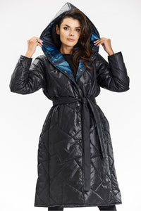 Quilted Coat with Hood and Waist Belt - Michelle & Kenza Co.