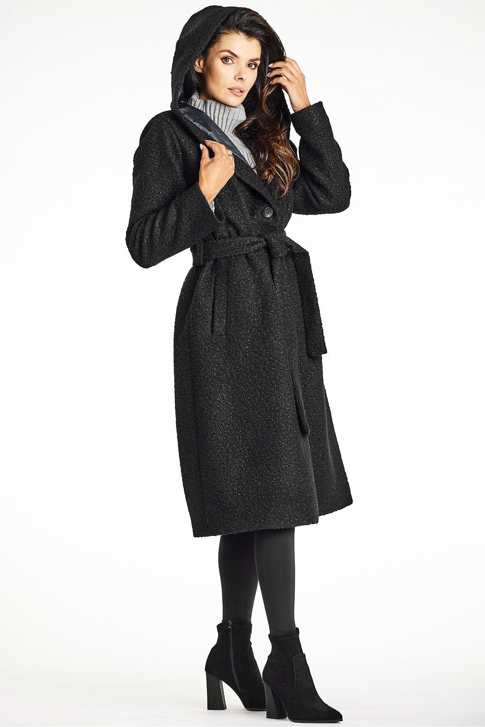 Bouclé Coat with Shawl Collar and Hood - Michelle & Kenza Co.