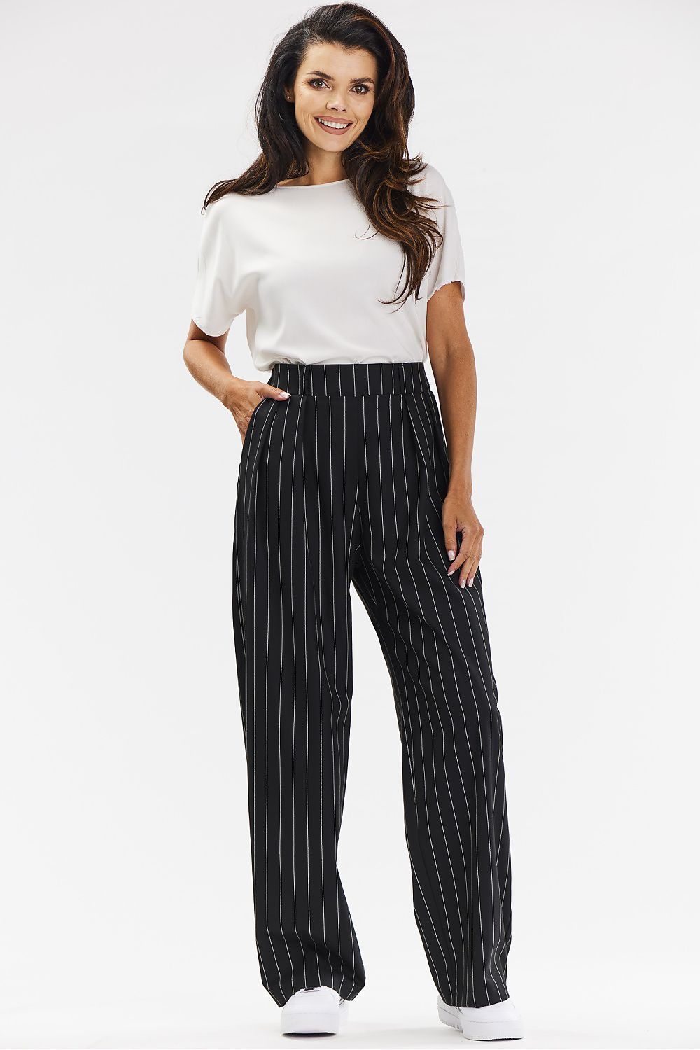 Viscose Wide-Leg Pants with White Stripe - Michelle & Kenza Co.