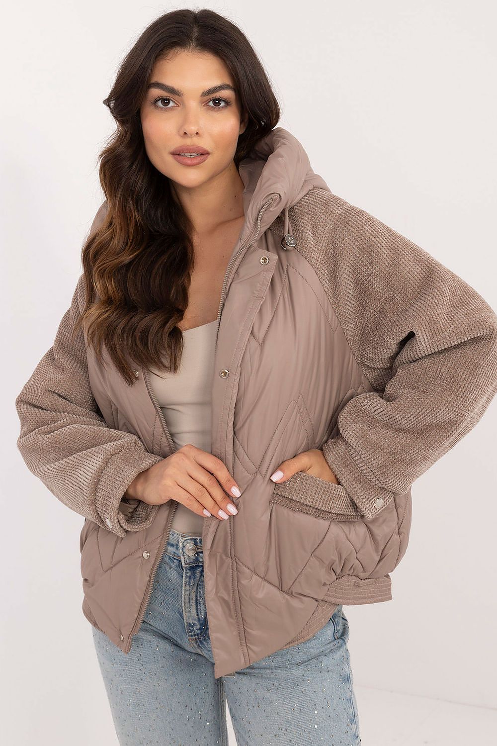 Corduroy Sleeve Jacket with Hood and Zipper Pockets - Michelle & Kenza Co.