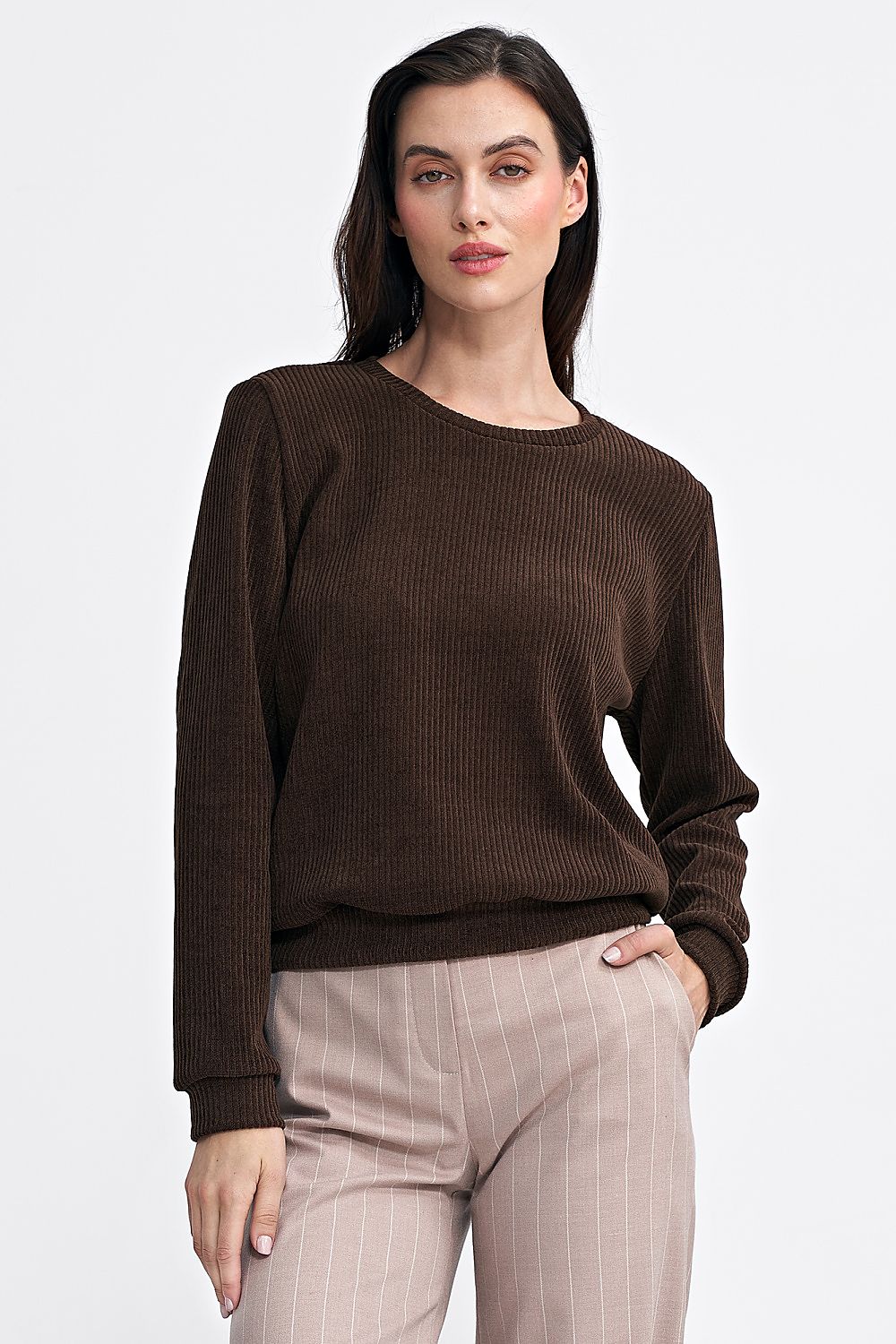 Ribbed Knit Blouse with Classic Round Neckline - Michelle & Kenza Co.