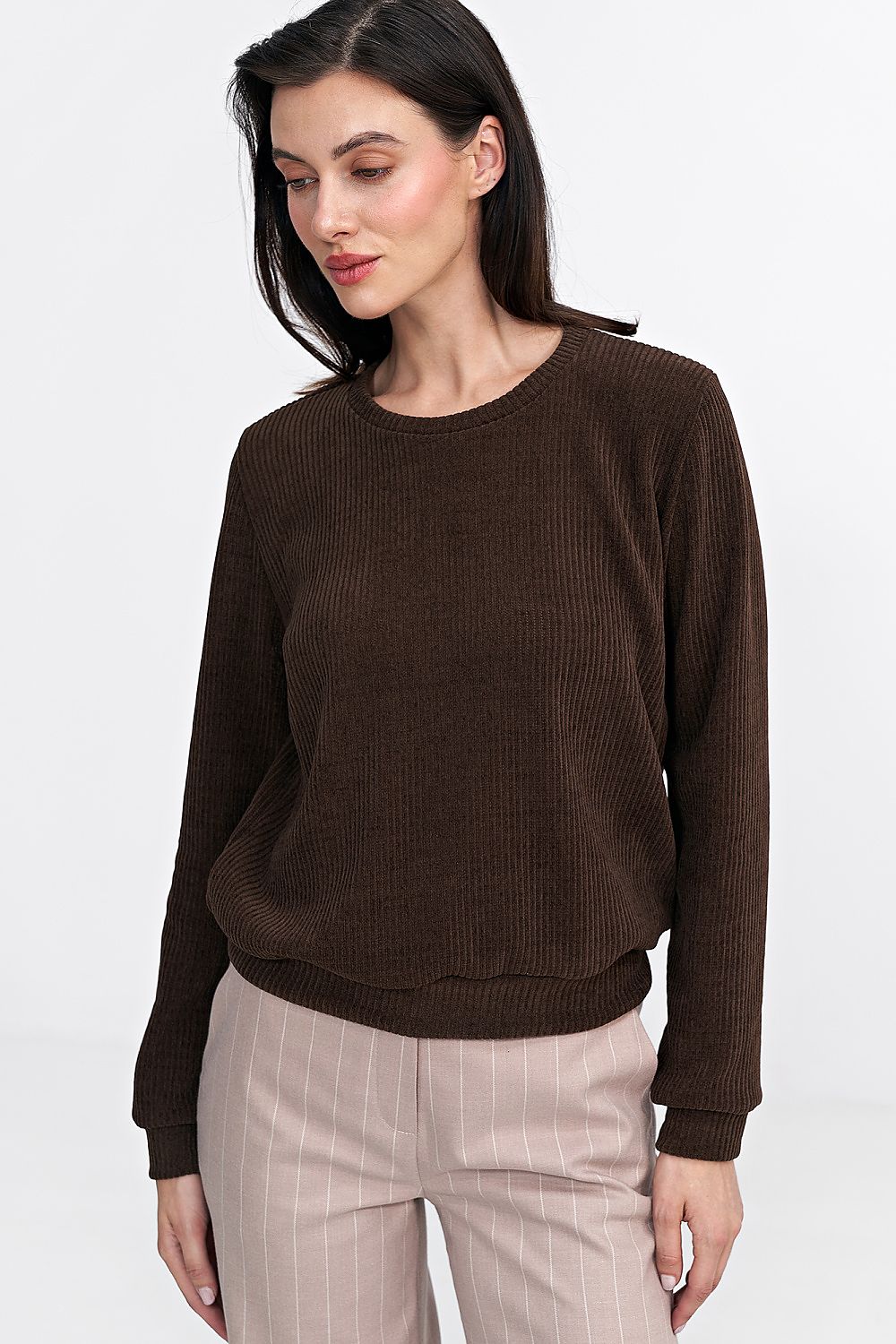 Ribbed Knit Blouse with Classic Round Neckline - Michelle & Kenza Co.