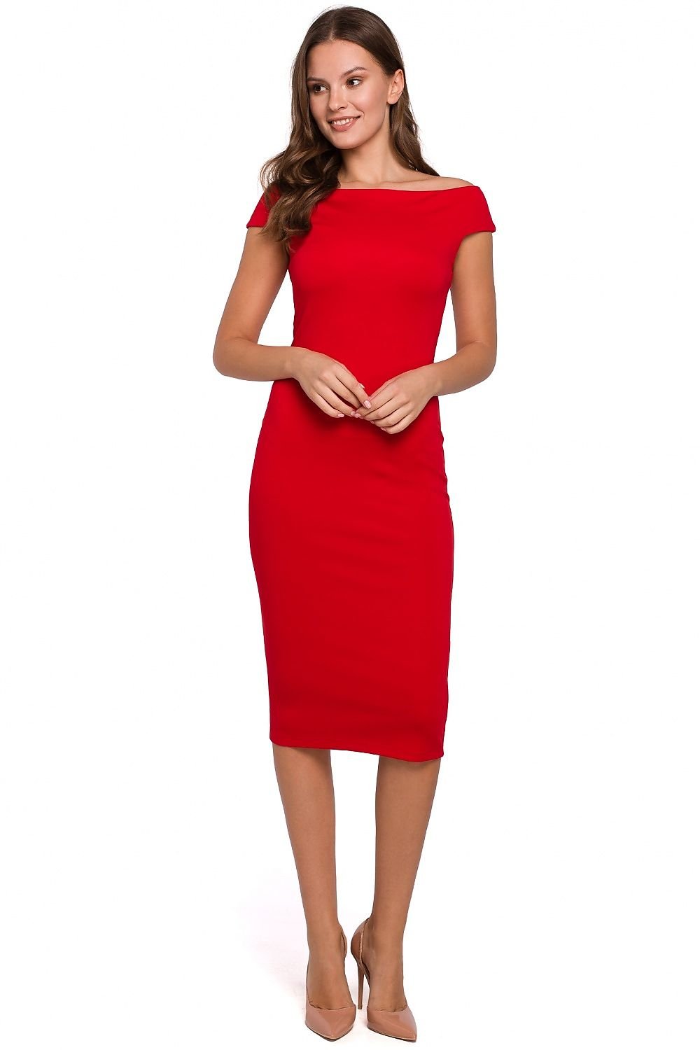 Fitted Shoulder-Baring Midi Dress