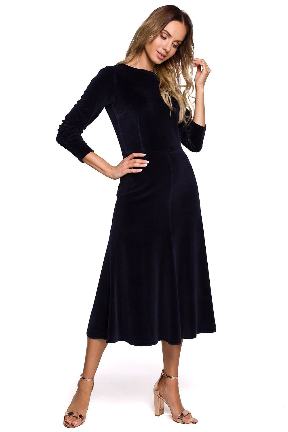 Elegant Pleated Sleeve Velour Dress