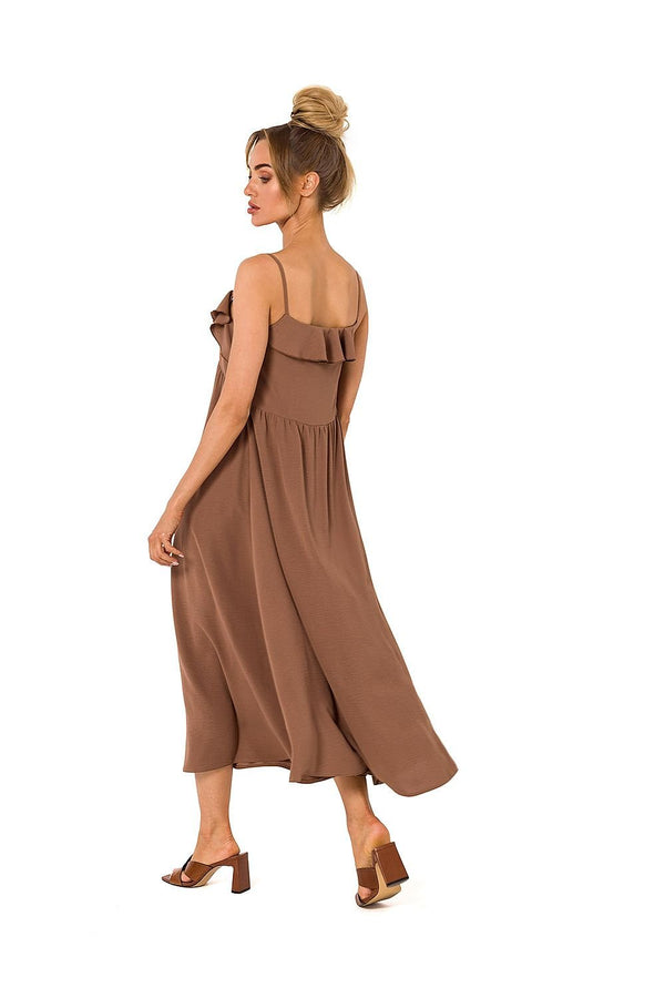 Flared Midi Dress with Ruffled Neckline