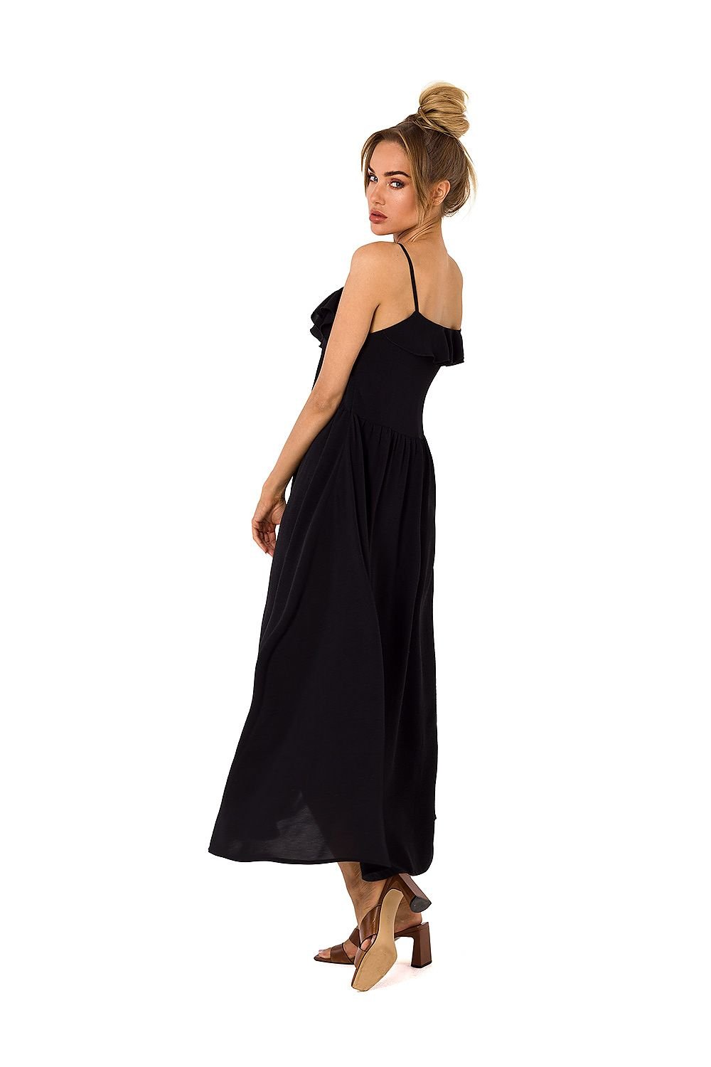 Flared Midi Dress with Ruffled Neckline