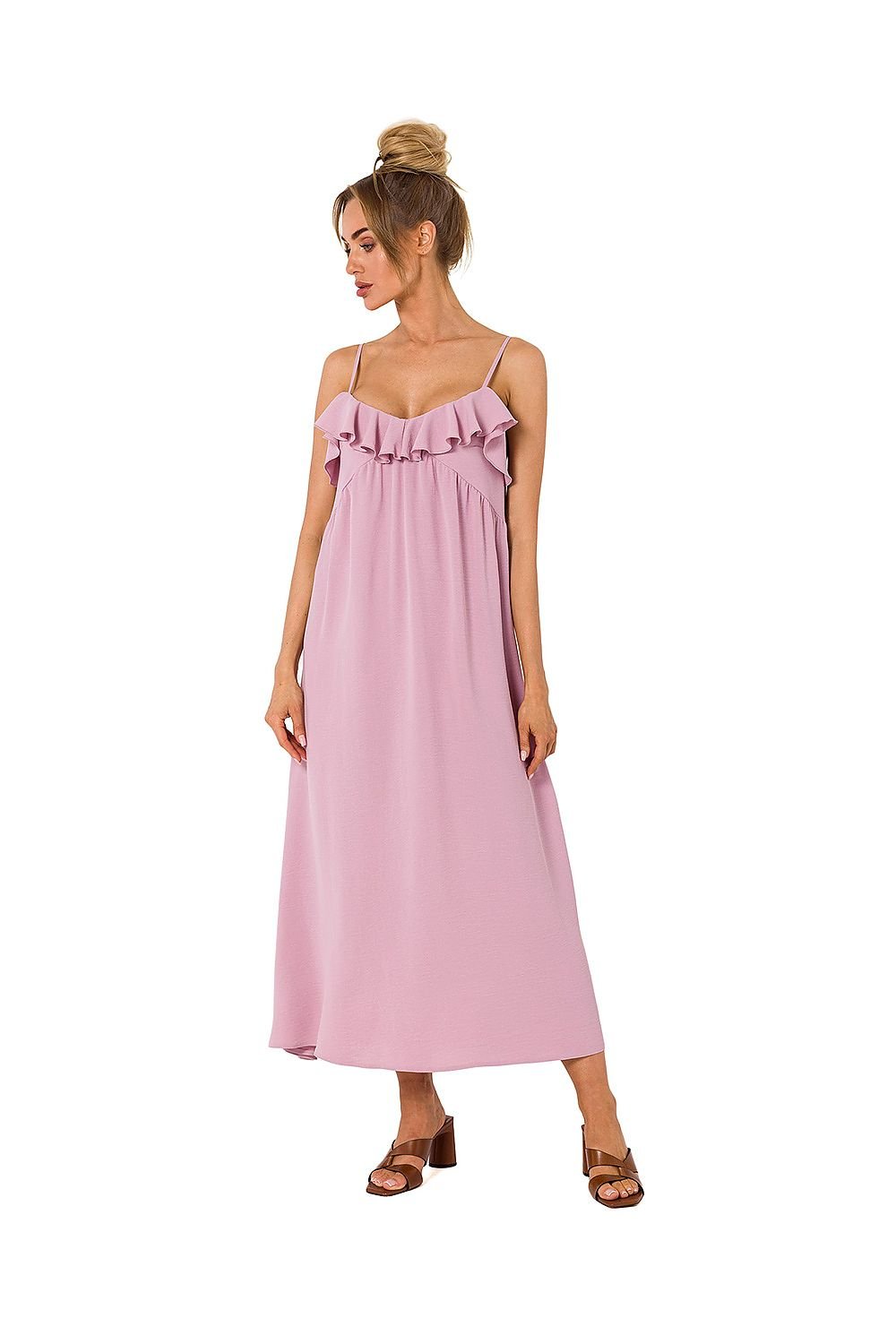 Flared Midi Dress with Ruffled Neckline