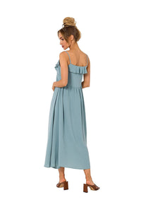 Flared Midi Dress with Ruffled Neckline