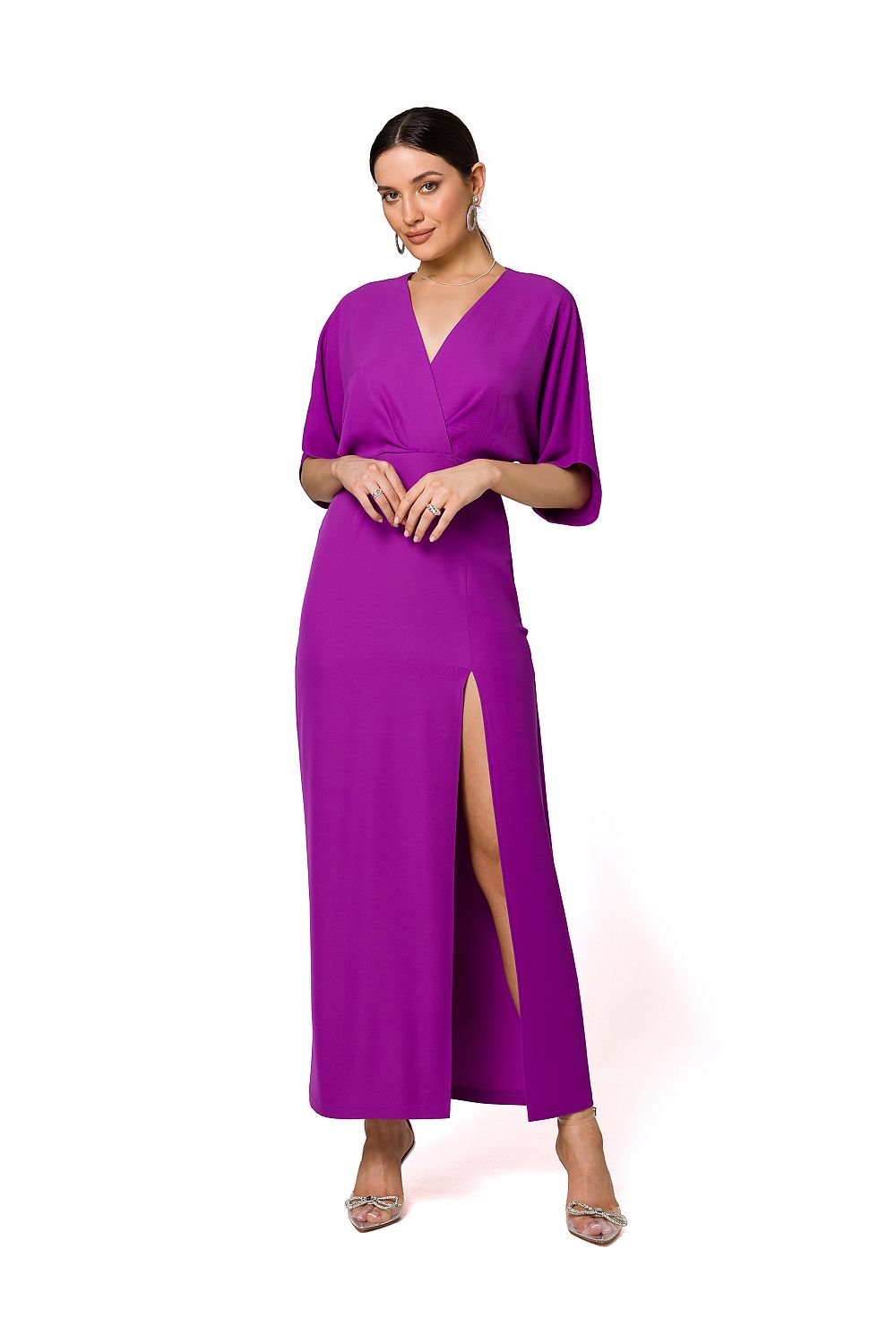 High-Slit Evening Dress with Kimono Sleeves