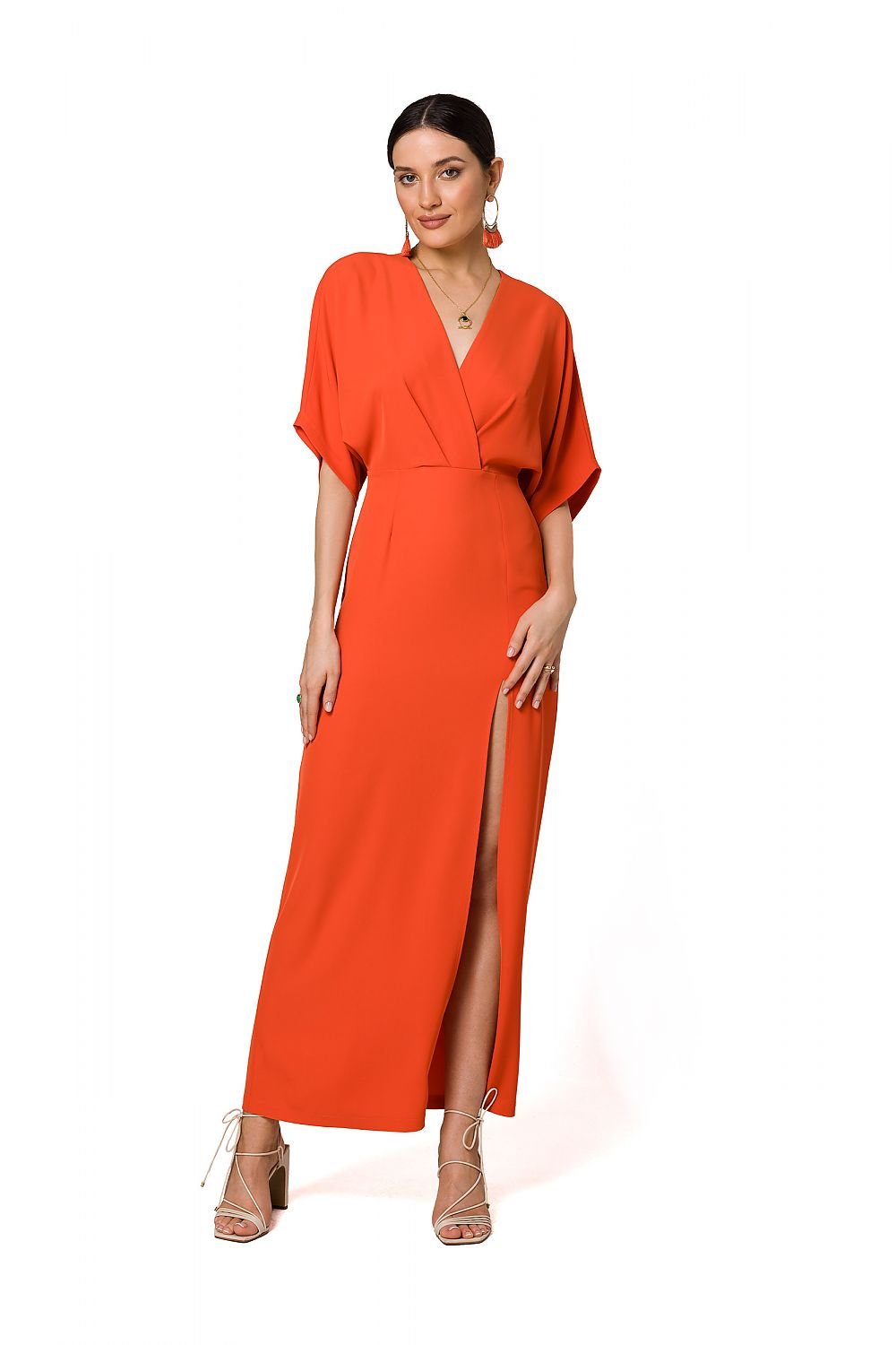 High-Slit Evening Dress with Kimono Sleeves