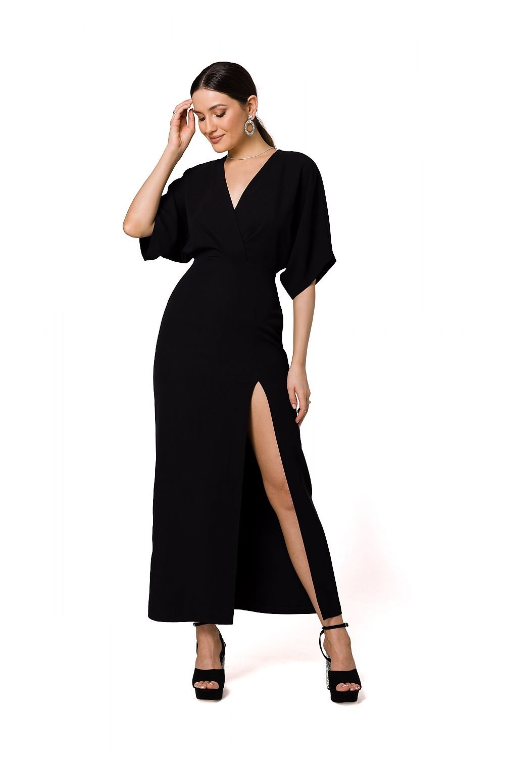 High-Slit Evening Dress with Kimono Sleeves