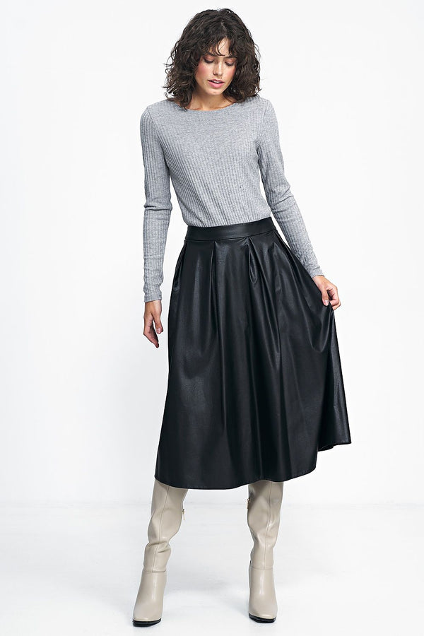 Belted Imitation Leather Midi Skirt