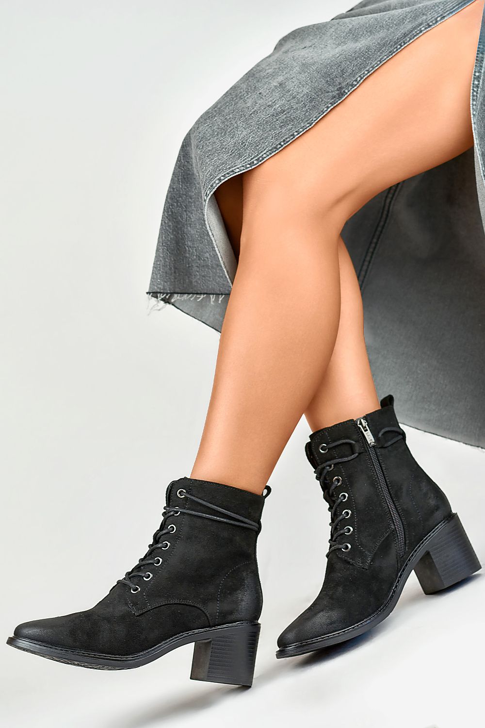 Laced Eco-Suede Heeled Boots