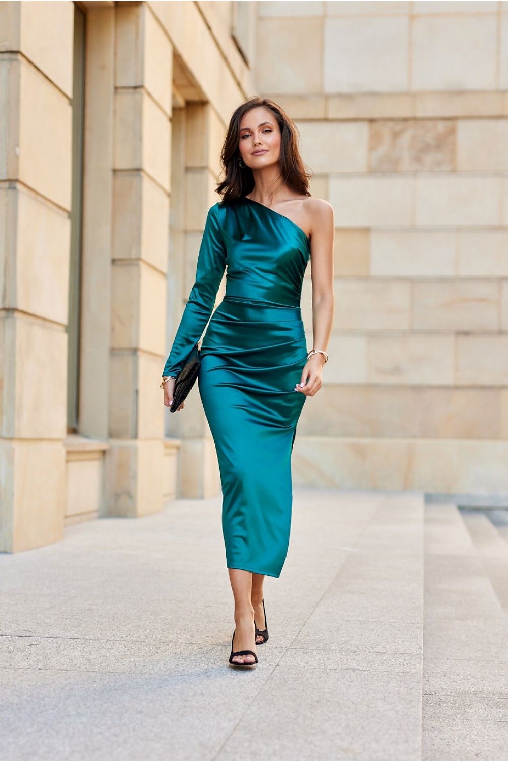 Satin One-Sleeve Midi Dress