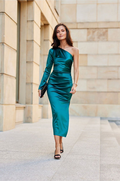 Satin One-Sleeve Midi Dress