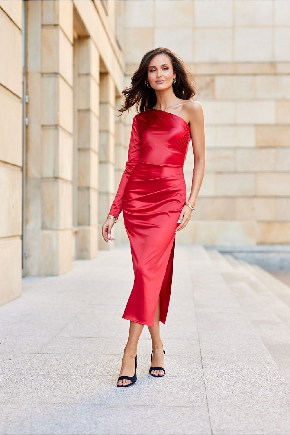 Satin One-Sleeve Midi Dress