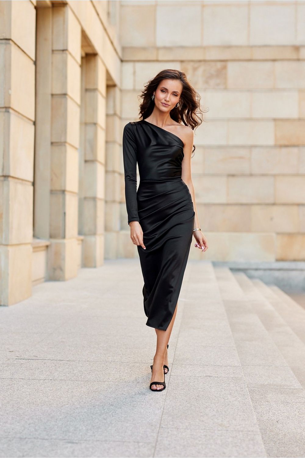 Satin One-Sleeve Midi Dress