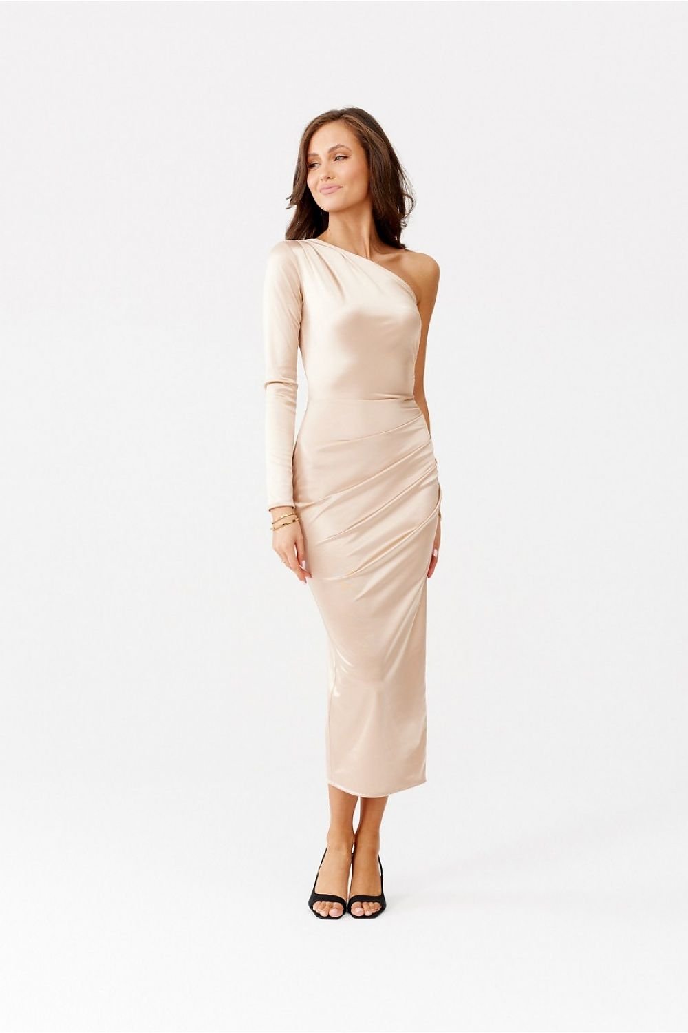 Satin One-Sleeve Midi Dress